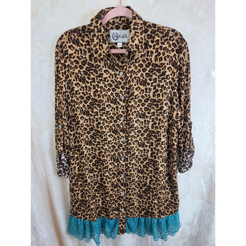 L&B Leopard Print Button Down Shirt Turquoise Lace‎ Trim Tunic Womens Large